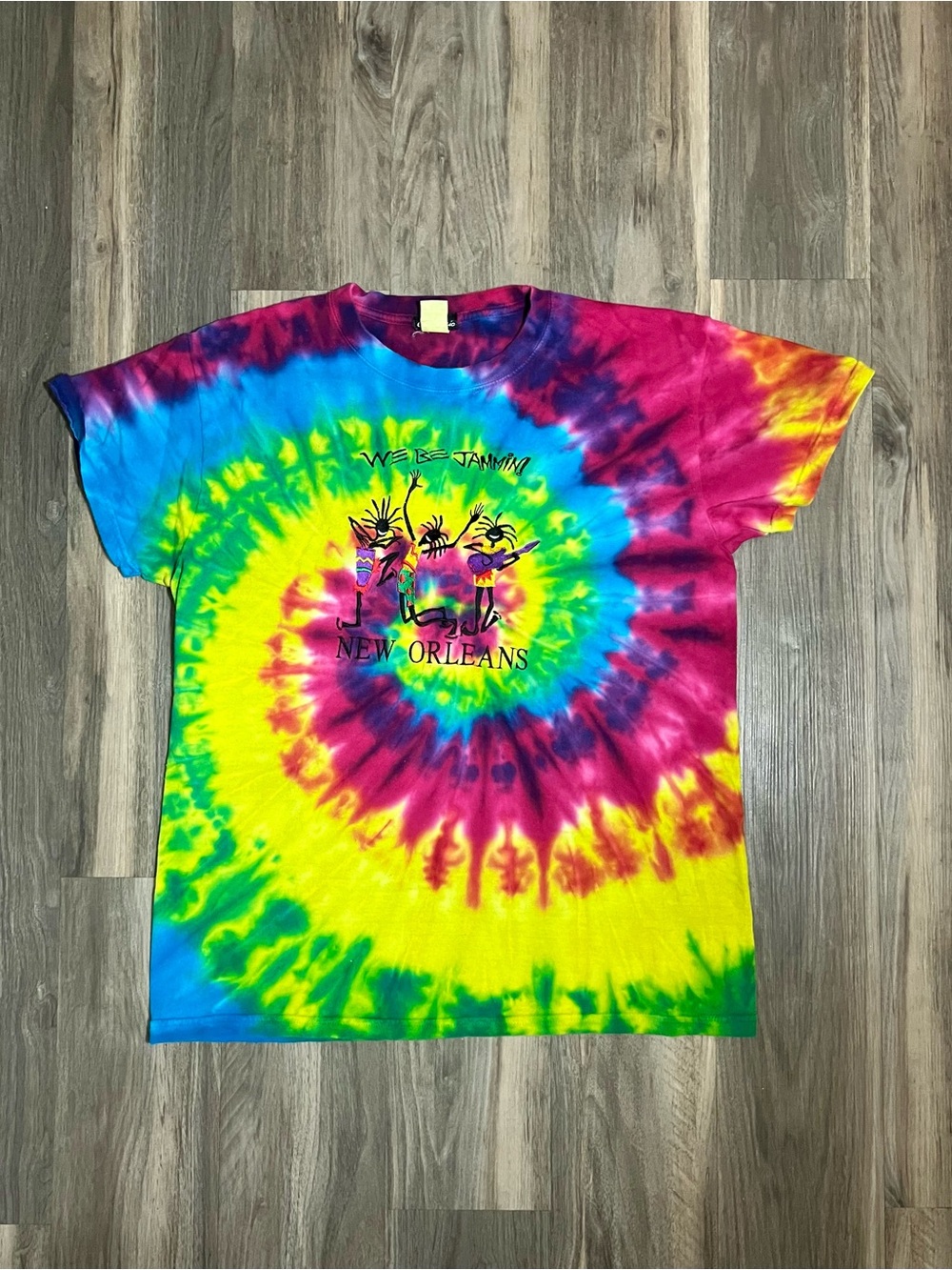 Vintage New Orleans Embroidered Tie Dye T-shirt Size Large “We Be Jammin!” Jazz